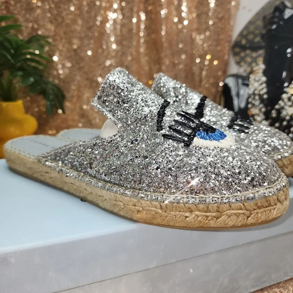 CHIARA FERRAGNI Glitter Espadrille Mules In Silver